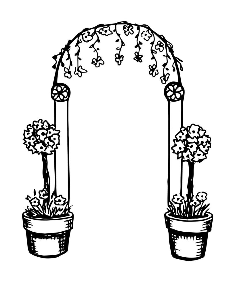 Blumenbogen mit Säulen, Blumenvasen. festlich, hochzeitstor, passage. Vektortintenzeichnung. vektor