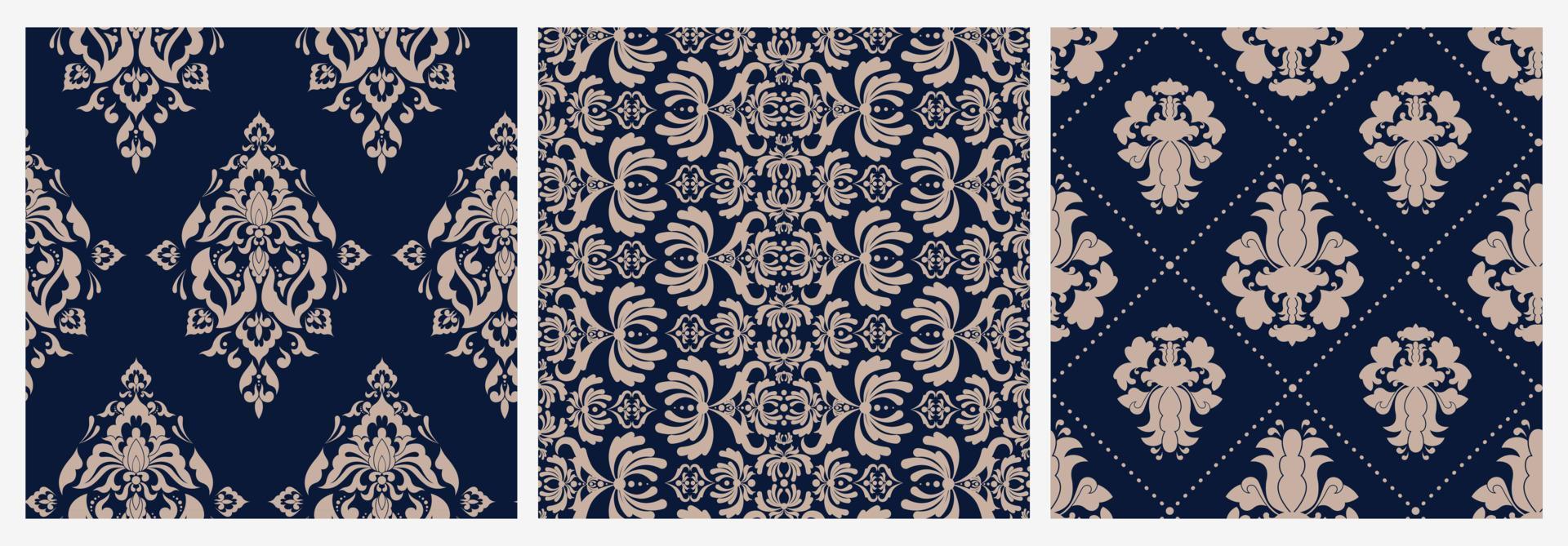 Satz bunte Damastblumen-viktorianisches nahtloses Muster. Sammlung von Luxus Retro Ornament Vektor flache Illustration. farbige Vintage königliche Barock abstrakte Textur Tapete auf blauem Hintergrund