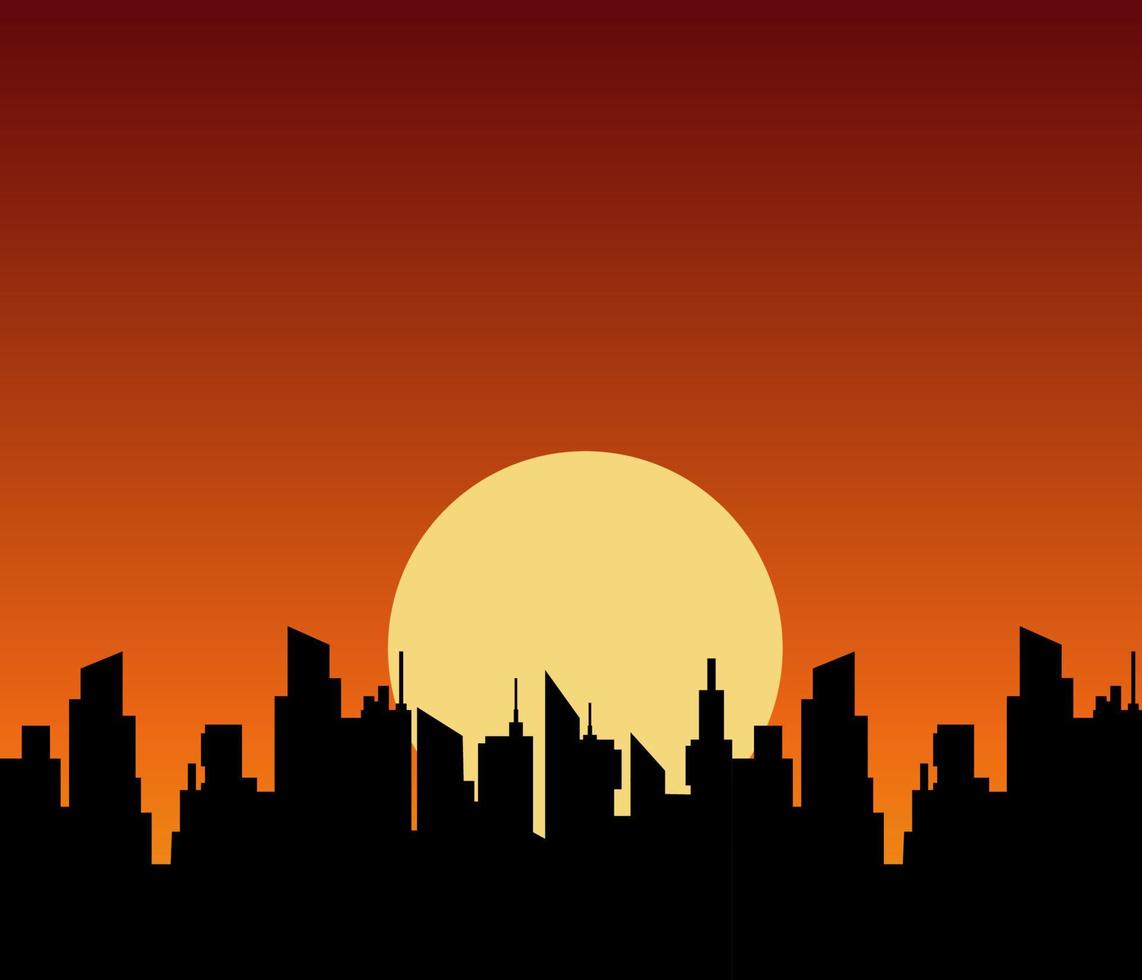 miljö Sol över stad skyskrapor. silhuetter svart panorama- stadsbild på mörk orange vektor solnedgång bakgrund.