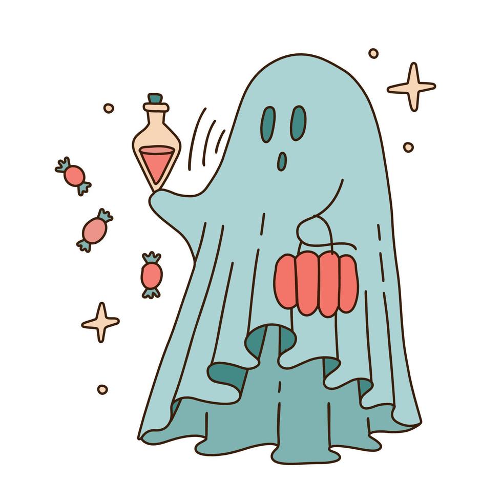 Retro-70er-60er-Hippie-Groovy-Halloween-Geist, der Süßigkeiten sammelt. der Spuk aus weißem Tuch hält eine Phiole mit Trank. lineare boho ästhetische handgezeichnete vektorillustration. vektor