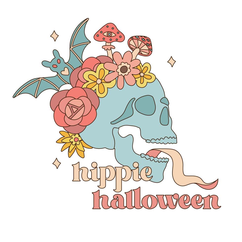 retro 60er 70er halloween gruseliger schädel mit gänseblümchenblumenkranz, psychedelischen pilzen und fledermaus isoliert auf weiß. Hippie grooviger Boho-Blumendruck. lineare ästhetische handgezeichnete vektorillustration. vektor