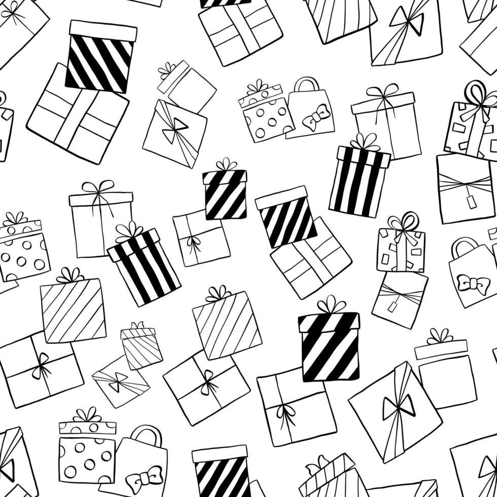 schwarze linie geschenke nahtloses muster. design für papier, umschläge, karten, stoffe, hintergrund und alles andere. vektorillustration über weihnachten oder geburtstag. vektor