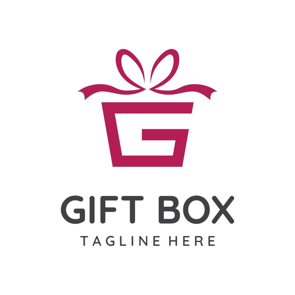 Logo-Design-Geschenkbox oder Geschenkbox-Vorlage mit Bandschild, Buchstabe g und Geschenken. Logo für Überraschung, Valentinstag, Geburtstag, Geschenkeladen, Party und Geschäft. vektor