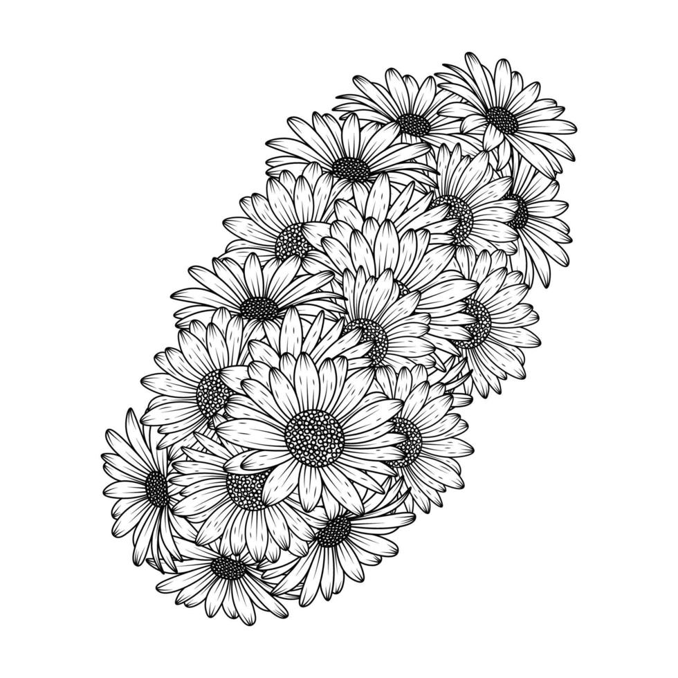 Gänseblümchen-Blumen-Zen-Doodle-Kunstdesign in detaillierter Clip-Art-Vektorgrafik und schöner Blumen-Strichzeichnungs-Malseite vektor