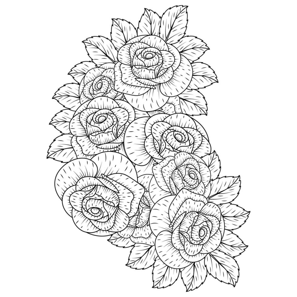 handgezeichneter blumenstrauß mit rosen und blättern zentangle malseite mit dekorativen einfachen skizzen vektor