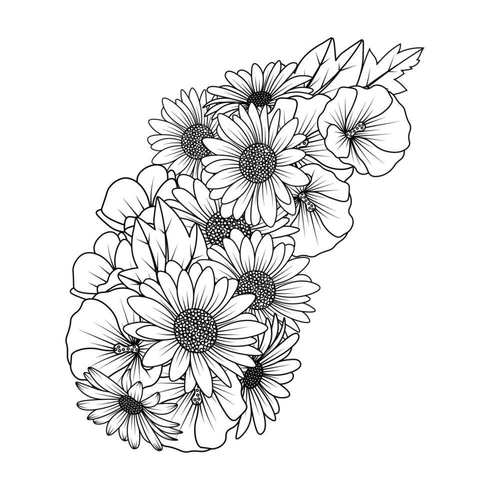 Gänseblümchen- und Hollyhock-Blumen-Zen-Doodle-Kunstdesign in detaillierter Clip-Art-Vektorgrafik vektor