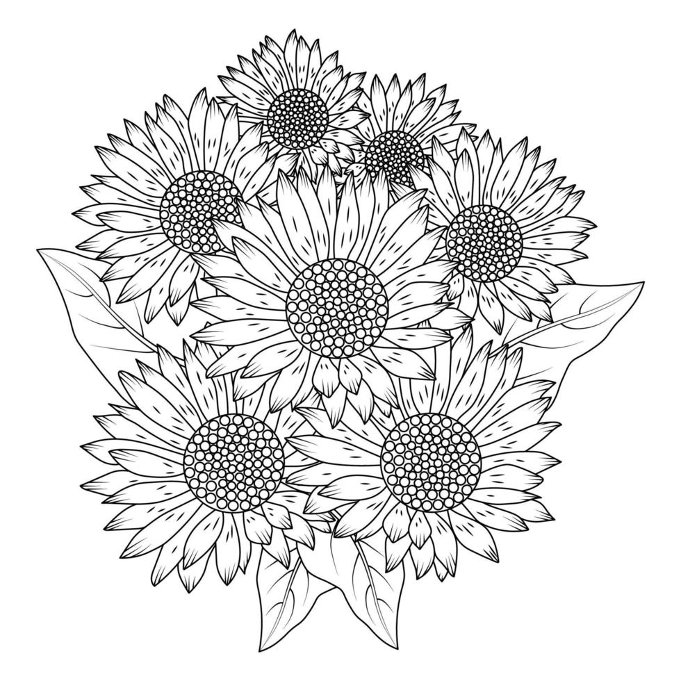 Sonnenblumen-Zen-Doodle-Kunstzeichnung von Vektordesign mit blühender Blütenblatt-Malbuchseite für Erwachsene vektor