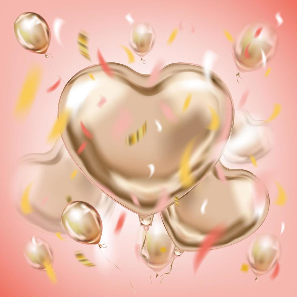 rosa bild med ballonger i hjärtaform av metallfolie vektor