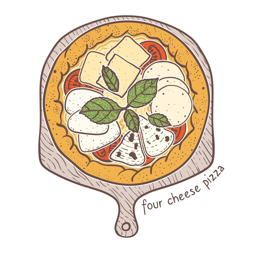 Pizza mit vier Käsen, Illustration skizzierend vektor