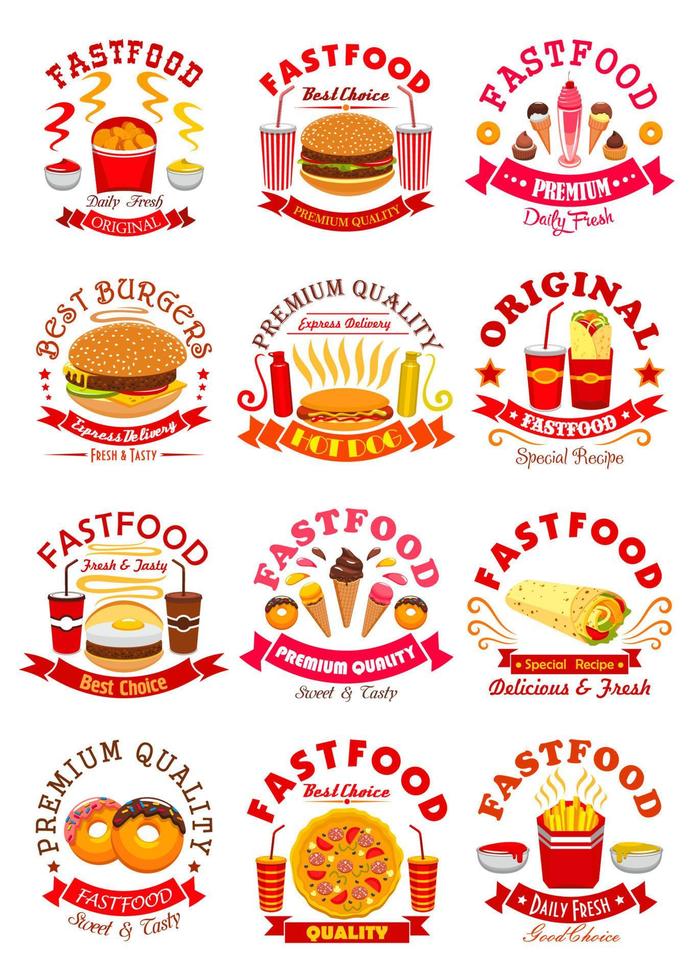 Fast-Food-Mahlzeiten-Set Vektor isolierte Symbole, Embleme