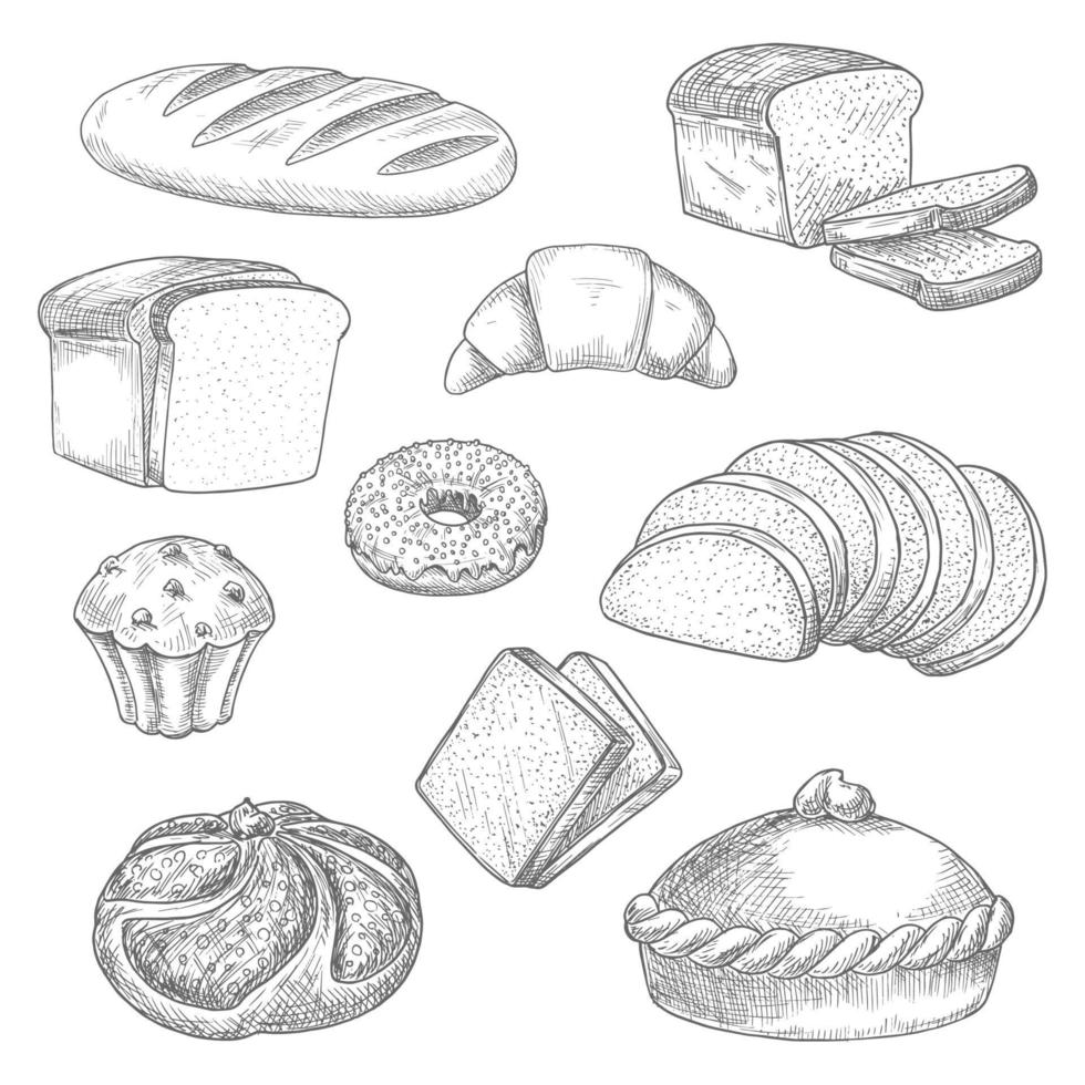 bageri bröd, bakverk skiss isolerat vektor ikoner
