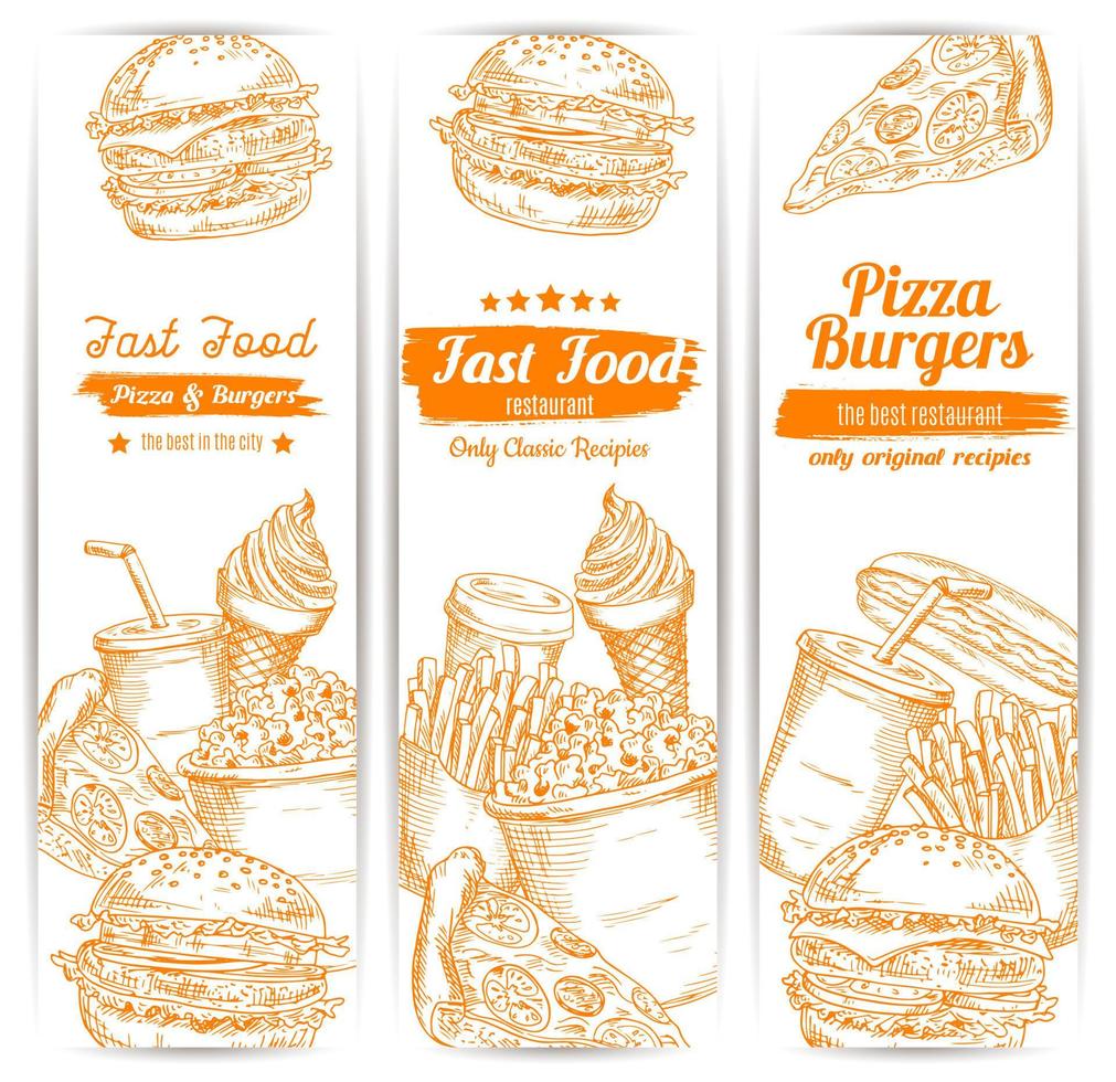 Fast-Food-Snacks skizzieren Vektor-Banner-Set vektor