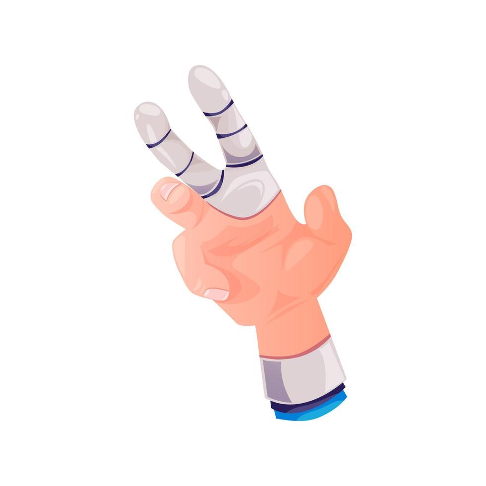 Künstliche Roboterhand mit Metallfingern, die Friedenszeichen zeigen, innovative medizinische Prothese, behinderter Invaliditätsarm. Vektor behinderter Mann künstliche menschliche Hand, Cyborg-Palmglied, Roboterkörperteil