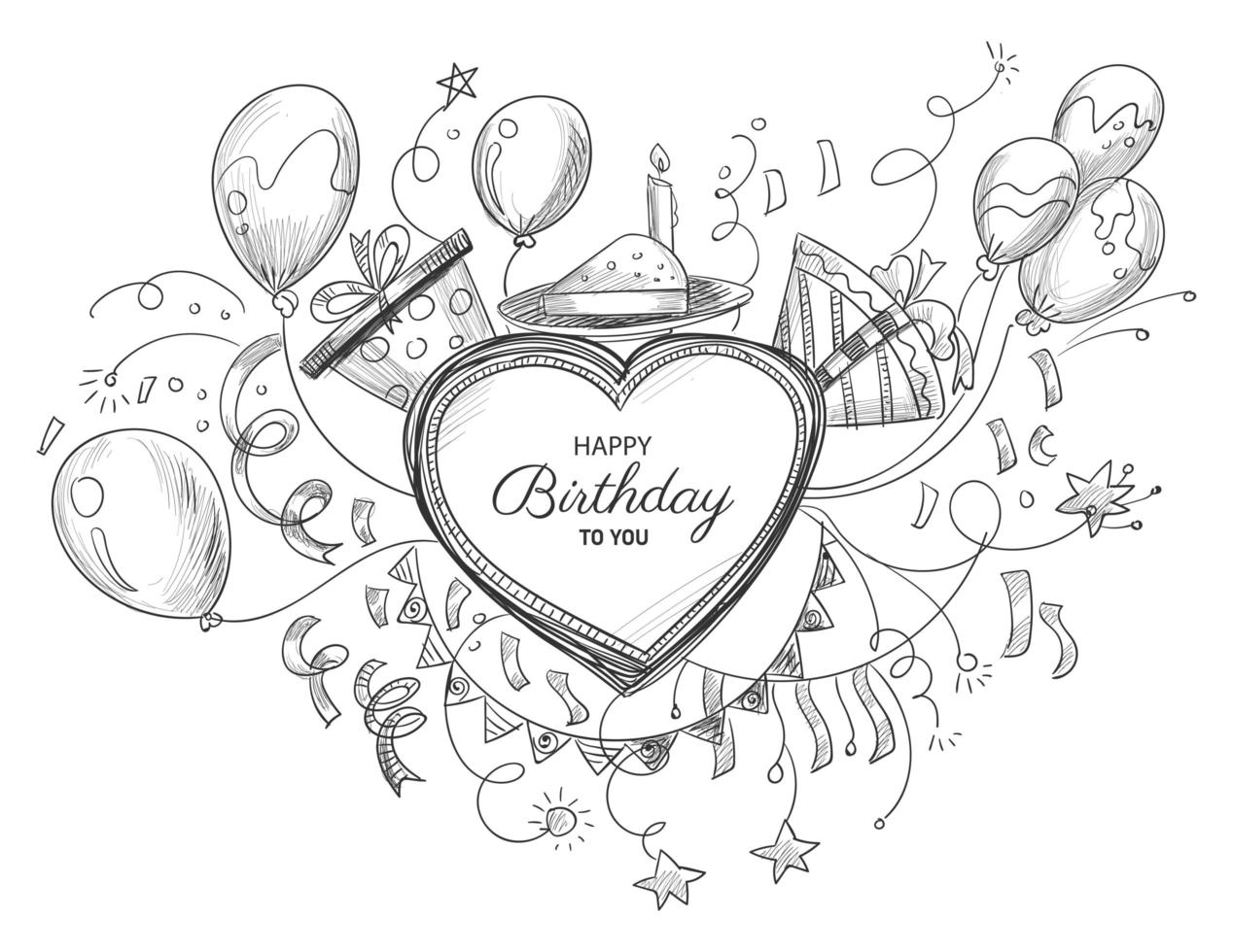 vacker grattis på födelsedagen hand dras hjärtat doodles vektor