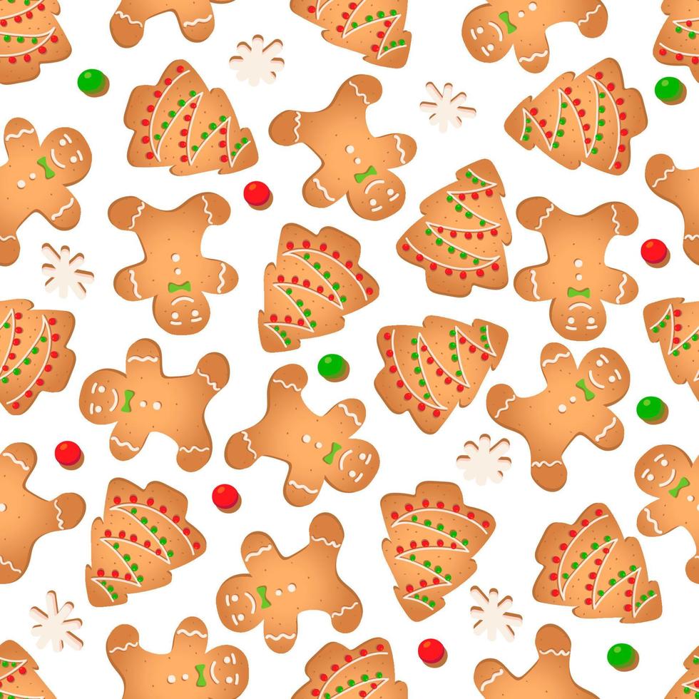 nahtloses Muster mit Ingwerkeksen auf weißem Hintergrund. Lebkuchenmann, Weihnachtsbaum, Schneeflocke vektor