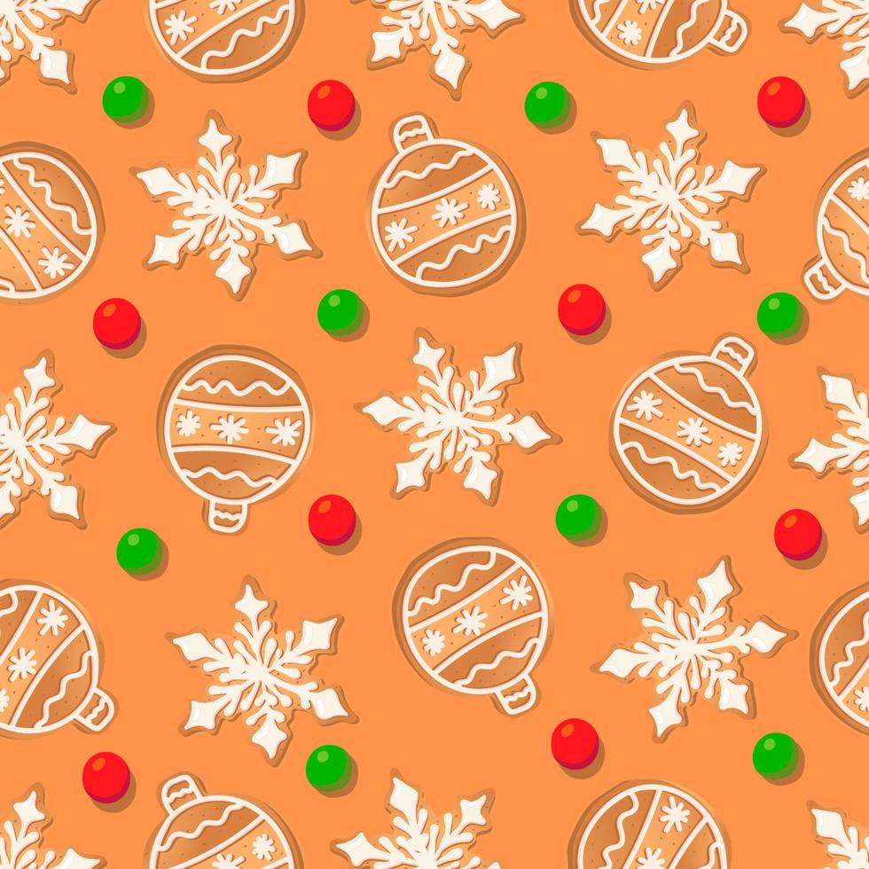 sömlös mönster med ingefära småkakor på en brun bakgrund. pepparkaka ny år boll, snöflinga vektor