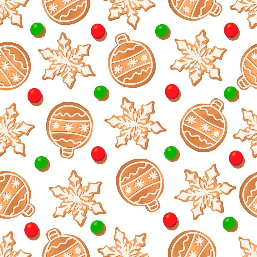 nahtloses Muster mit Ingwerkeksen auf weißem Hintergrund. Lebkuchen-Neujahrskugel, Schneeflocke vektor