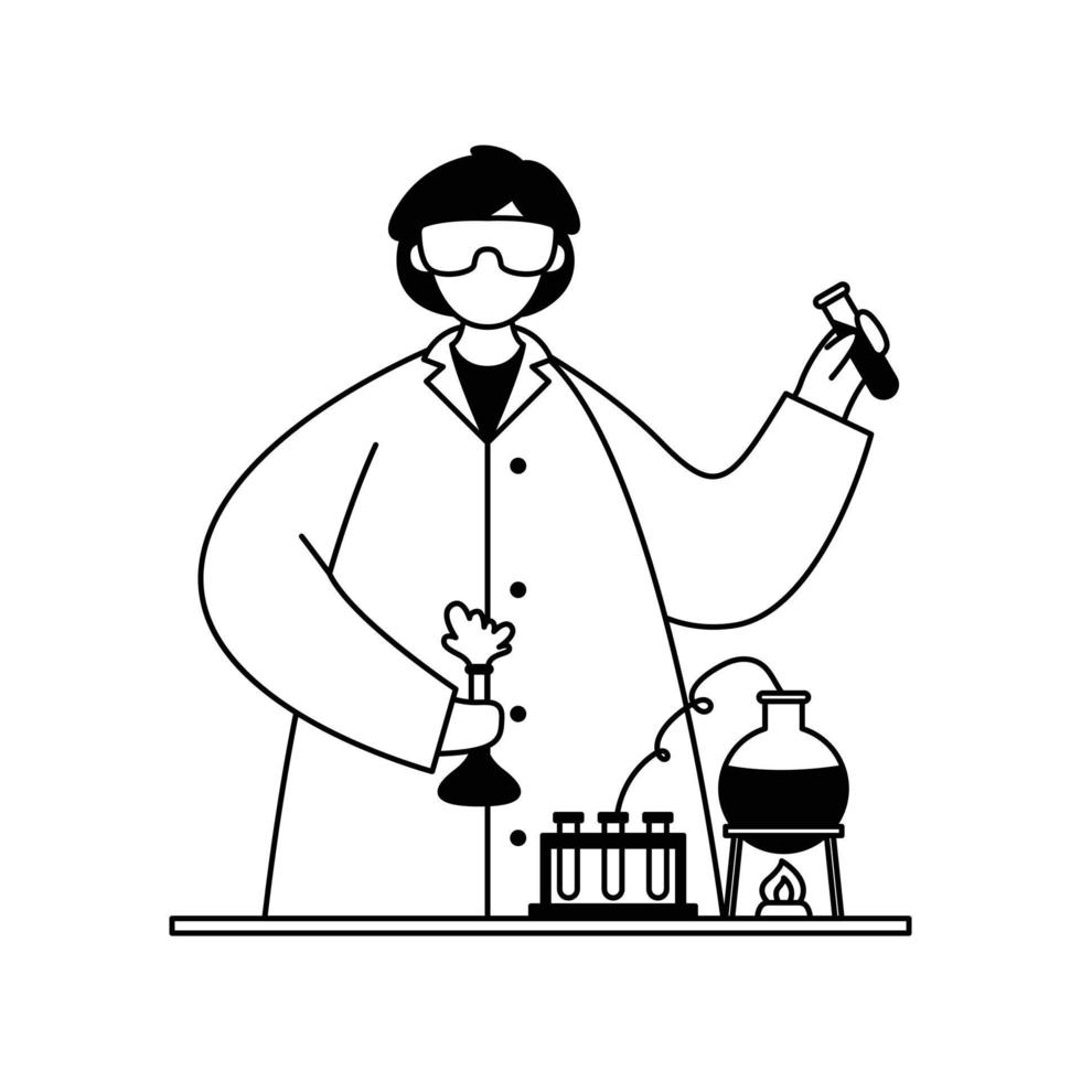 vektorillustration eines chemikers in einem weißen kittel mit reagenzgläsern und flaschen. Beruf. Gliederung vektor