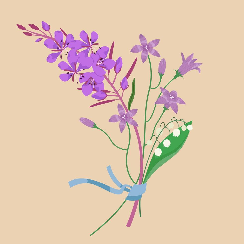 bukett av annorlunda vilda blommor. eldgräs, campanula och lilja av de dal i tecknad serie stil. vektor