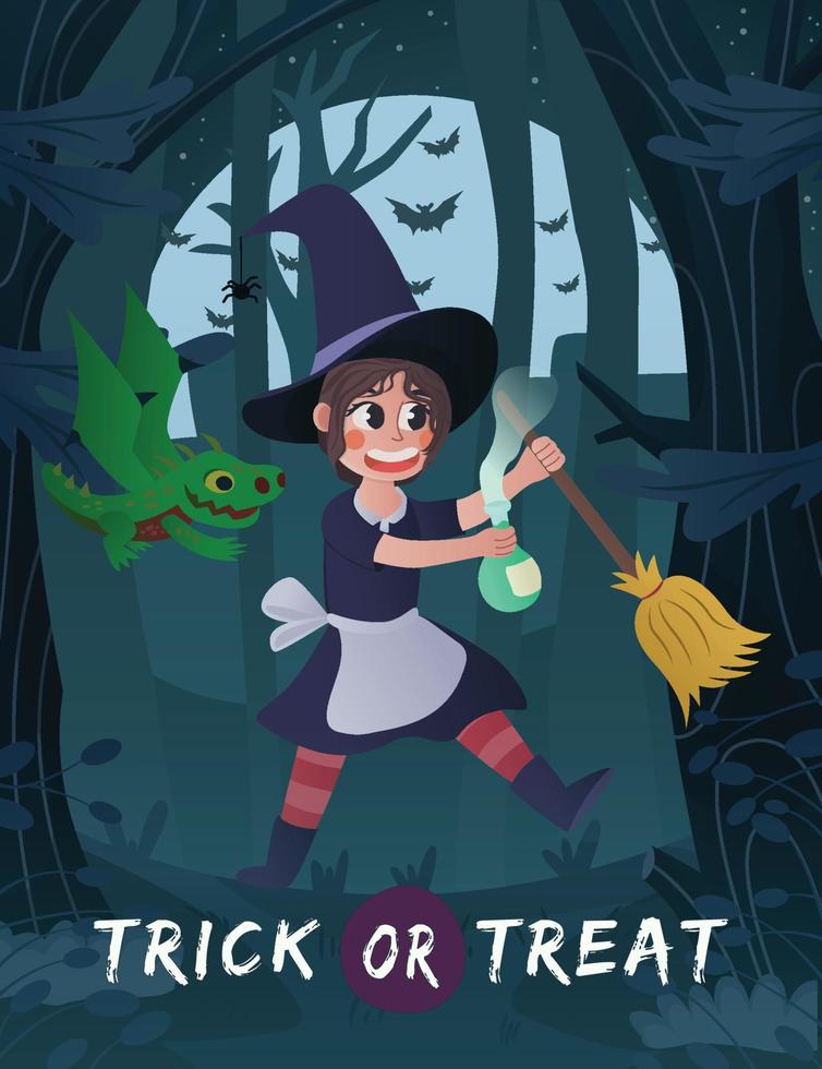 Halloween-Hintergrund mit Hexenmädchen im Wald bei Nacht vektor
