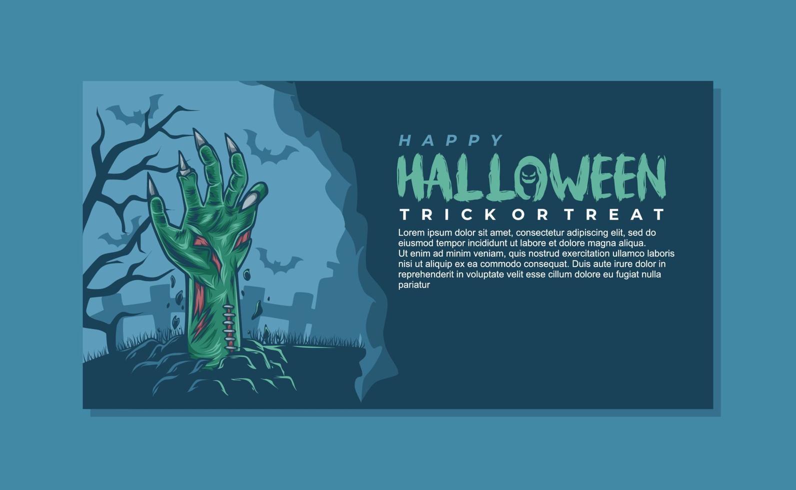 Halloween-Feiertagsfahnenhintergrund. schrecklicher Zombie teilt aus. Hintergrund-Design-Vorlage vektor