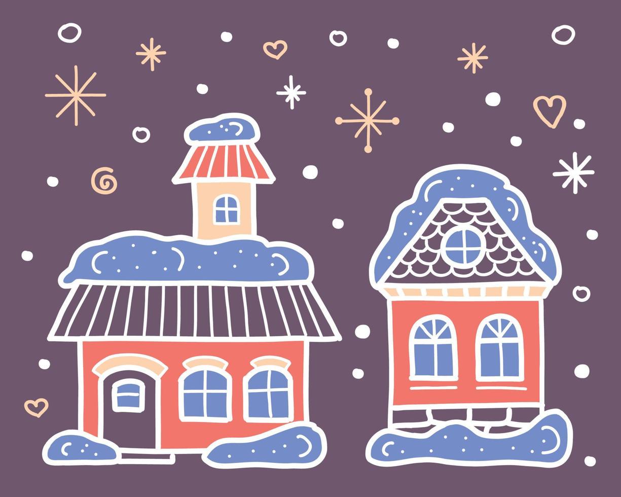 snöig jul natt. mysigt rosa hus på en violett bakgrund. vektor illustration.