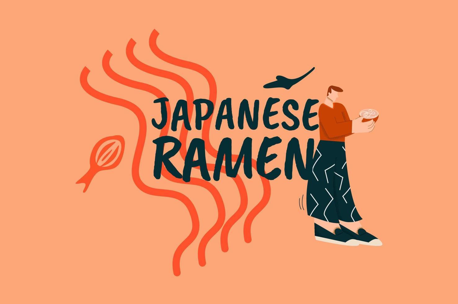 Japanische Ramen. plakat mit charakter, der schüsselteigwaren im orangefarbenen stil hält asiatische fast-food-nudeln. vektor