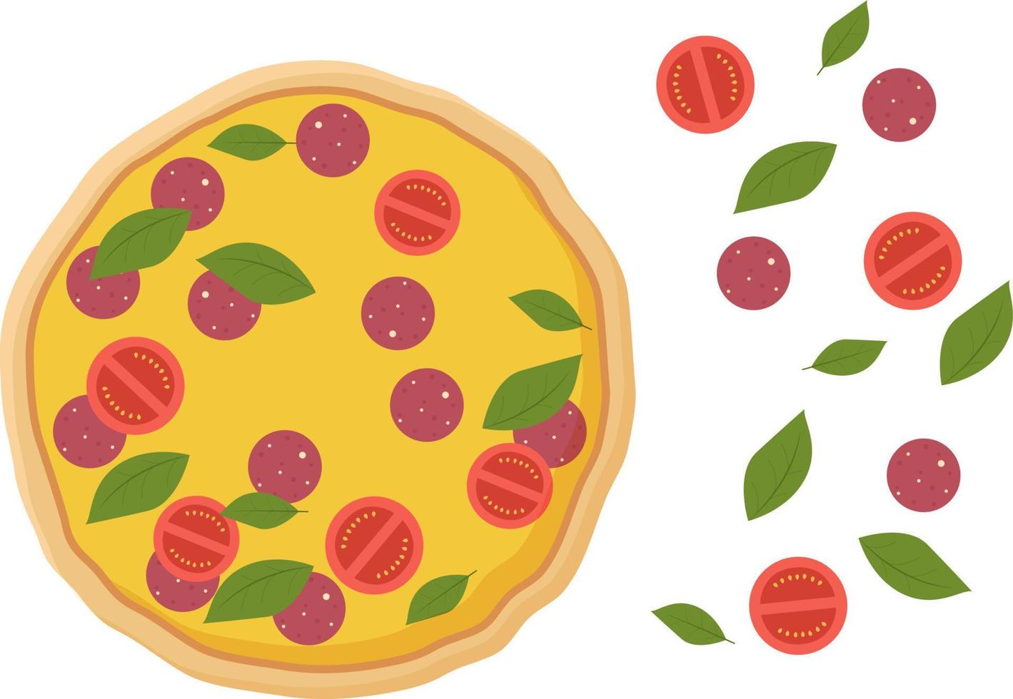 frisch zubereitete Pizza und Zutaten. peperoni mit gelbem käse mit wurst und scheiben roten tomaten. vektor