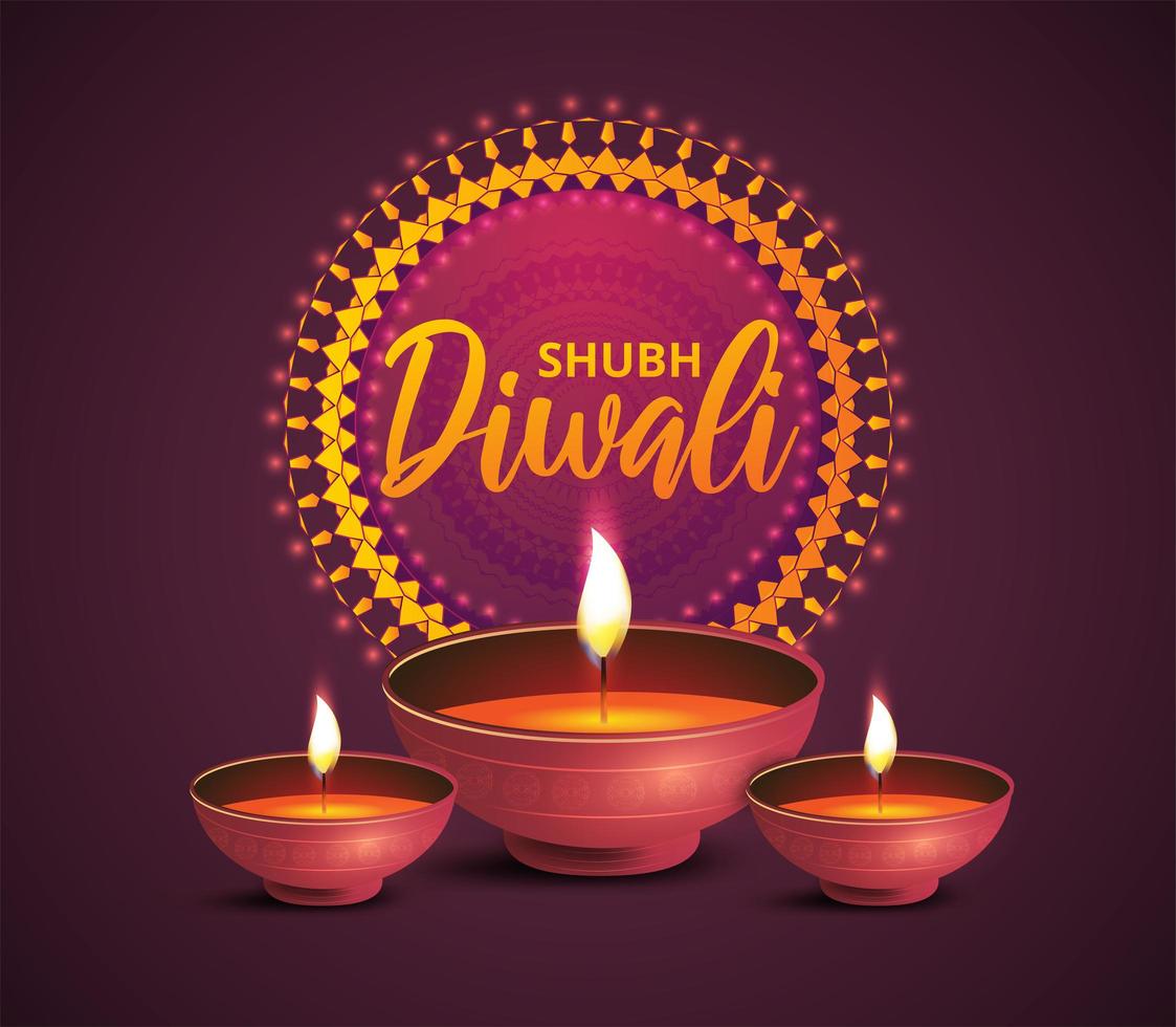 fyrkantig lila diwali-affisch med oljelampor och prydnad vektor
