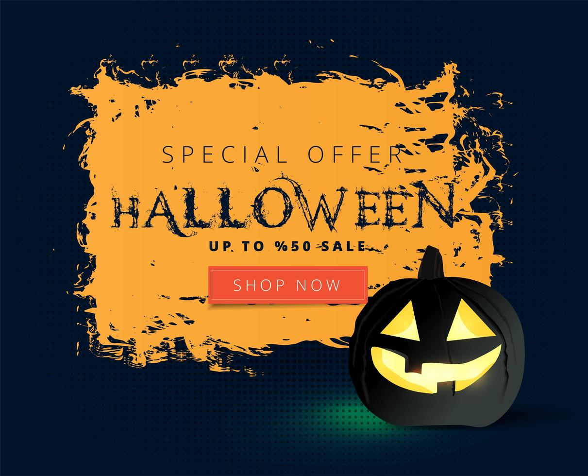 Orange Grunge Halloween Sale Banner mit schwarzem Kürbis vektor