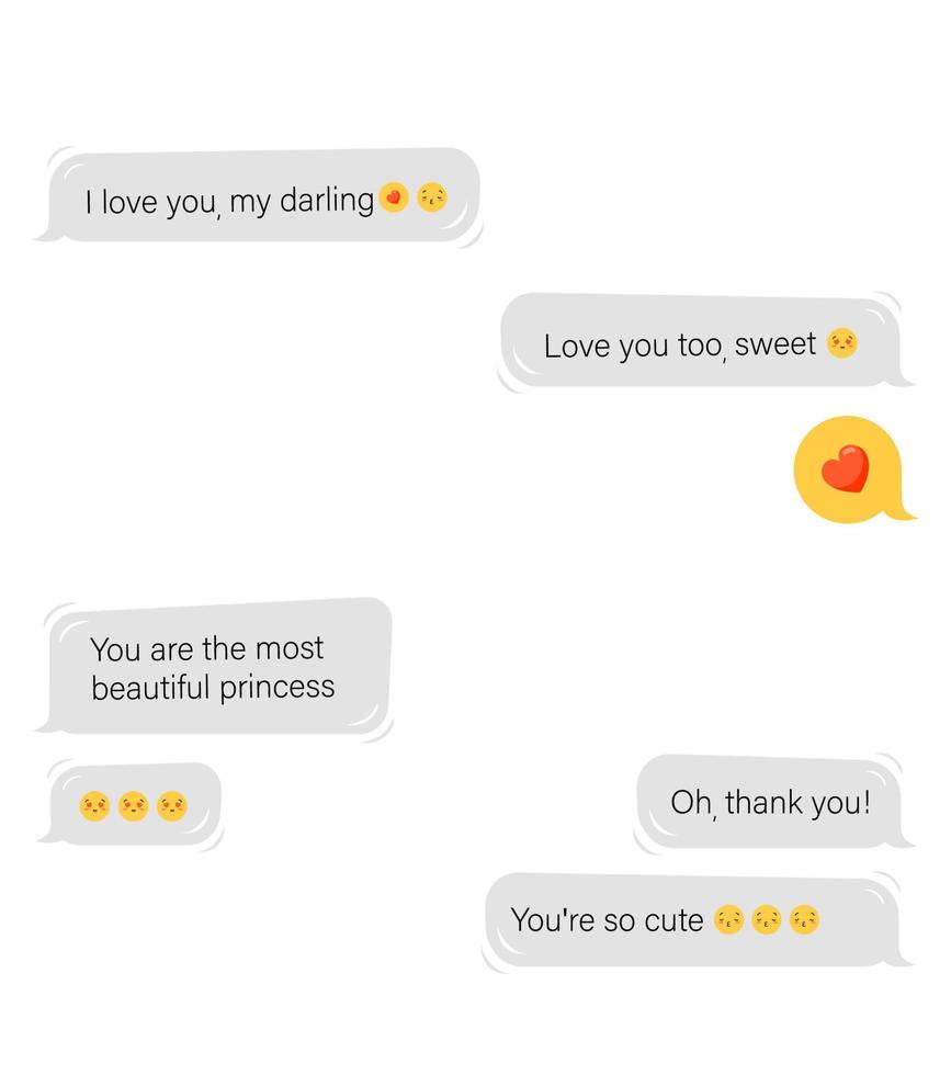 Liebeskorrespondenz im Online-Messenger. Chatten zwischen engen Benutzern mit Komplimenten mit Emoticons und Konversationsvektorfenstern. vektor