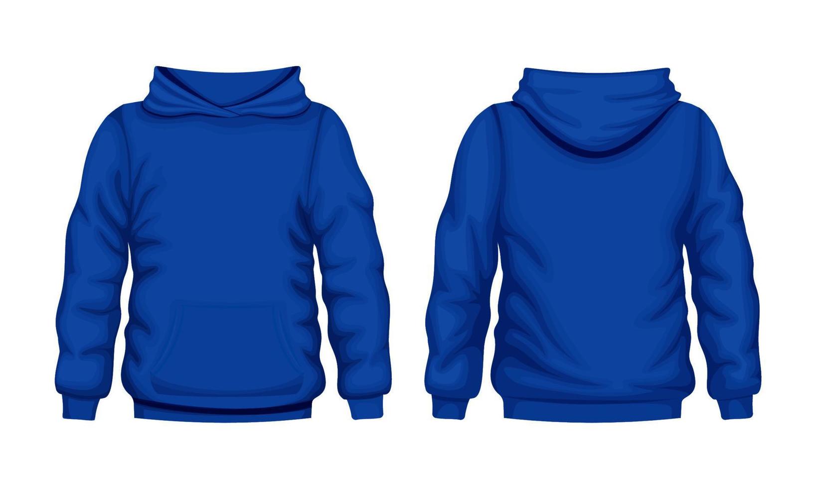 blauer Hoodie Vorder- und Rückansicht. Pullover Baumwoll-Kapuzenmode-Sweatshirt für den Alltag. vektor