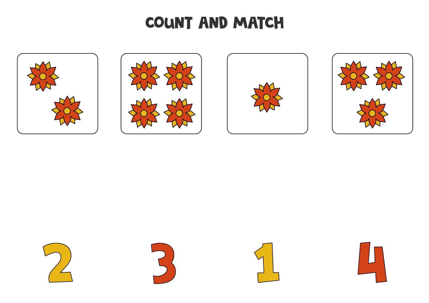 Zählspiel für Kinder. Zähle alle Blumen und verbinde sie mit Zahlen. Arbeitsblatt für Kinder. vektor