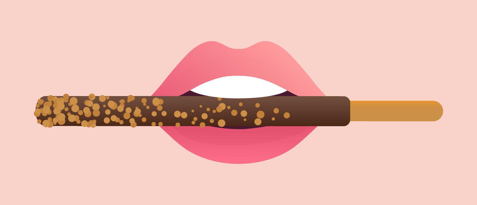 choklad doppade pepero pinne i rosa mun vektor illustration