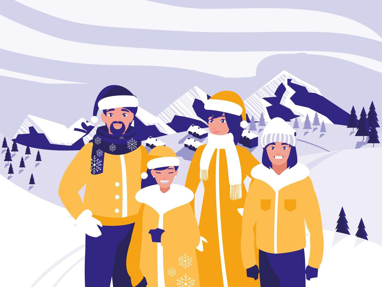 grupp familj med julkläder i vinterlandskap vektor