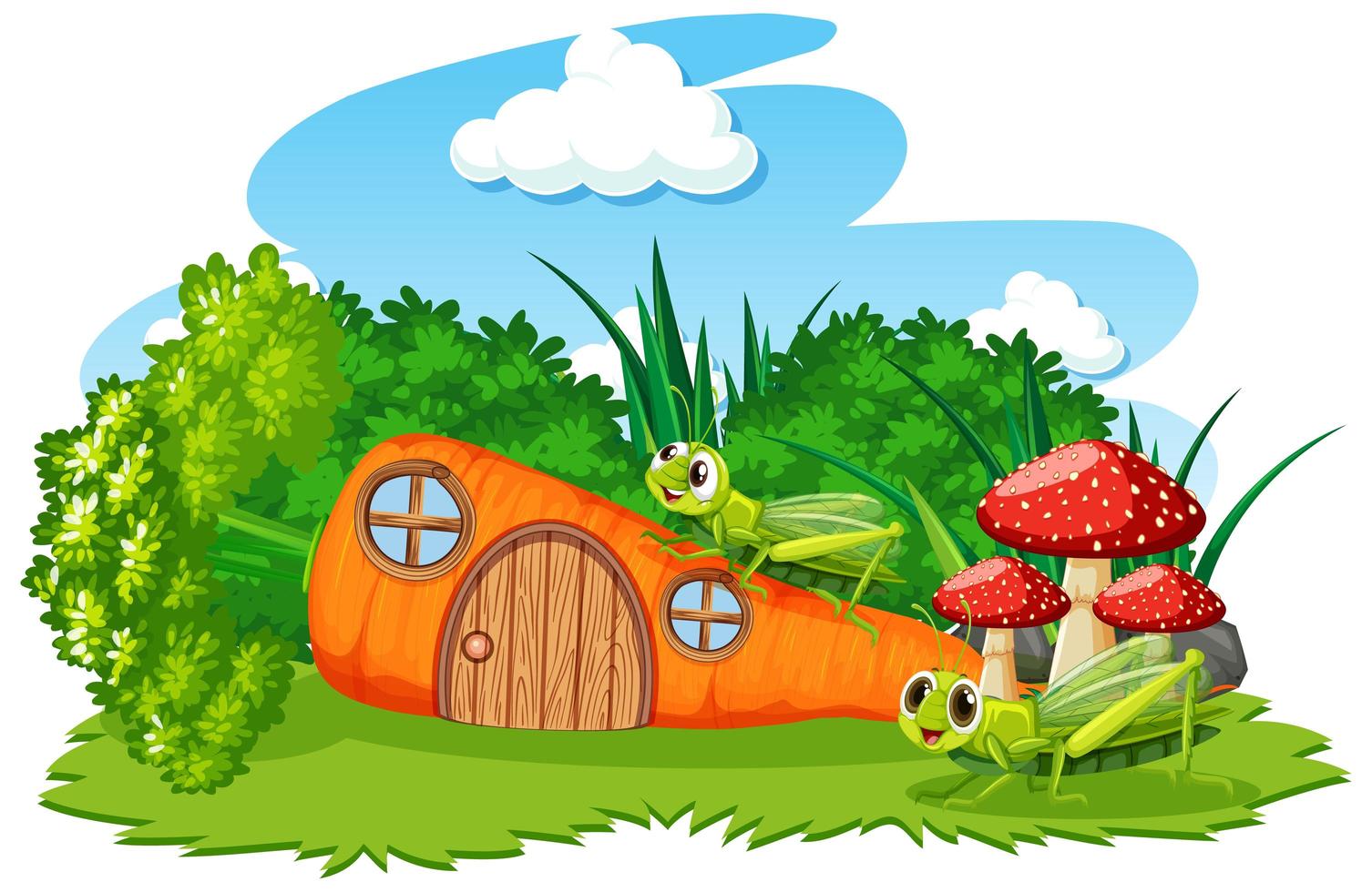 tecknad morot hus med två gräshoppor vektor