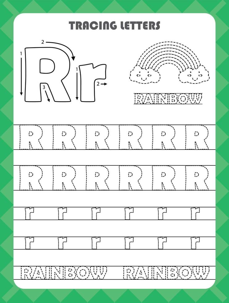 spår brev av engelsk alfabet och fylla färger versal och små bokstäver r. handstil öva för förskola barn arbetsblad. vektor