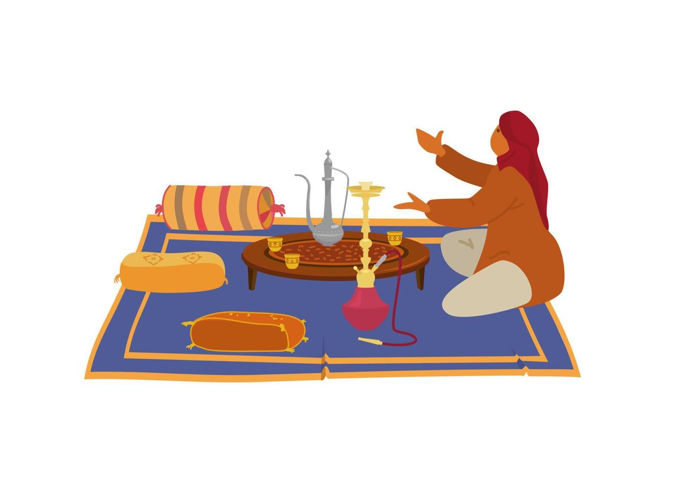 arabischer mann sitzt auf teppich am runden tisch mit teekanne und shisha. flache vektorillustration. vektor