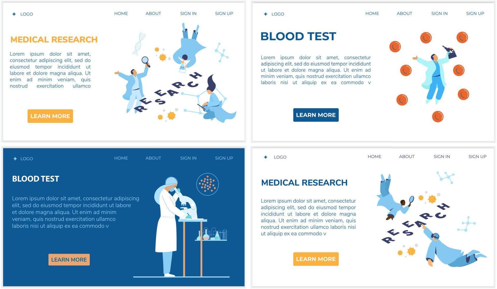 vektor uppsättning av medicinsk forskning och blod testa webb sida mallar. doktorer och vetenskapsmän illustration.