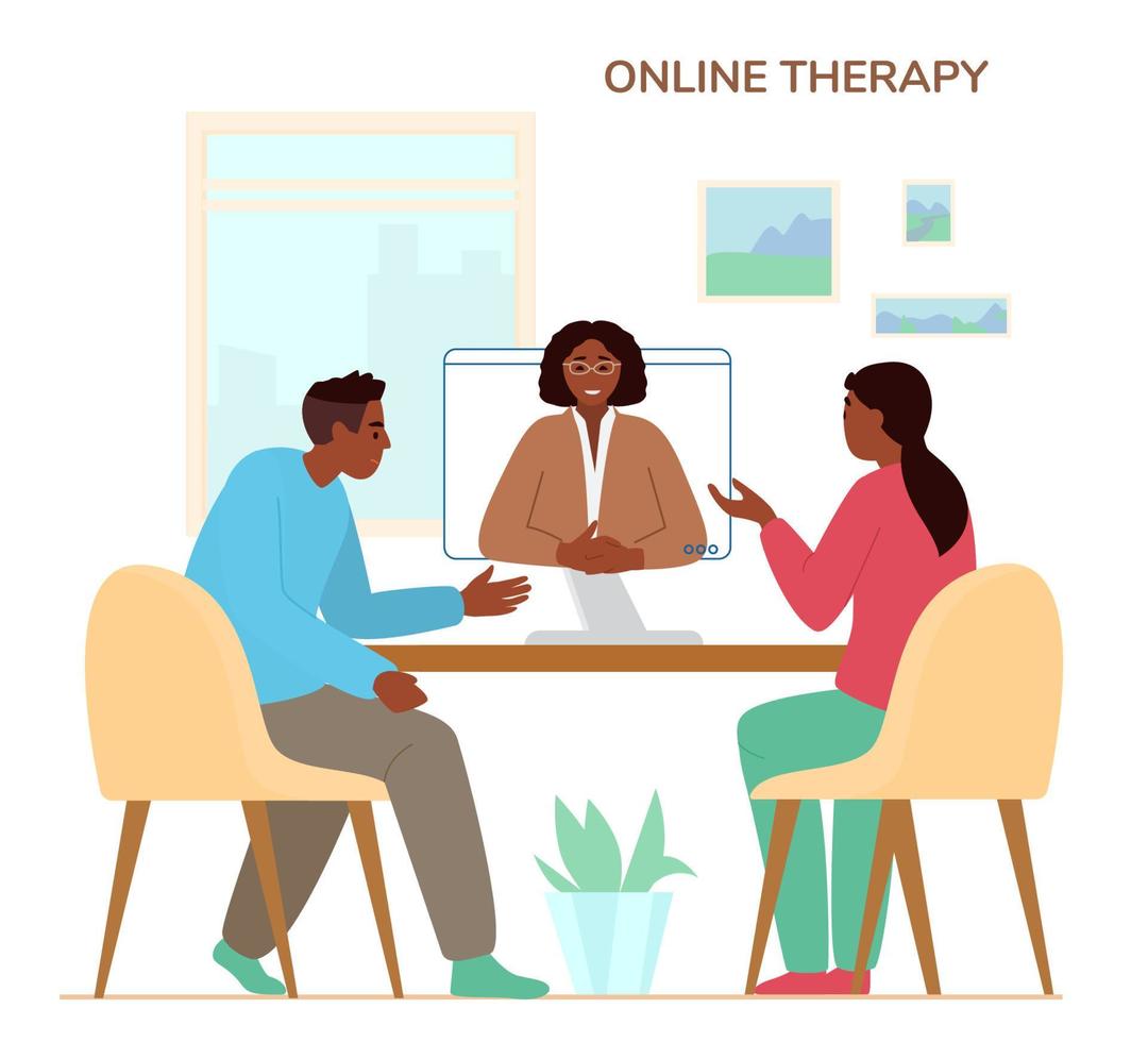 uppkopplad familj terapi begrepp platt vektor illustration. afrikansk amerikan par diskuterar deras problem med kvinna psykolog eller psykoterapeut förbi videokonferens ringa upp.