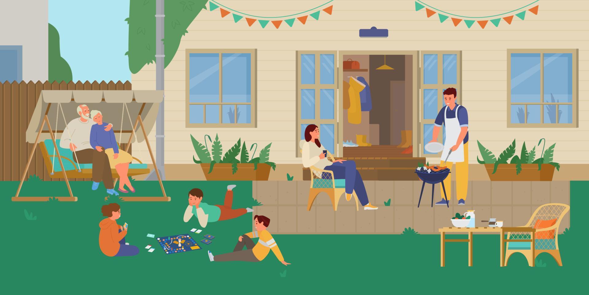familj har grill fest i de bakgård. barn spelar styrelse spel, föräldrar matlagning, farföräldrar vilar i trädgård gunga. uteplats bakgrund. platt vektor illustration.