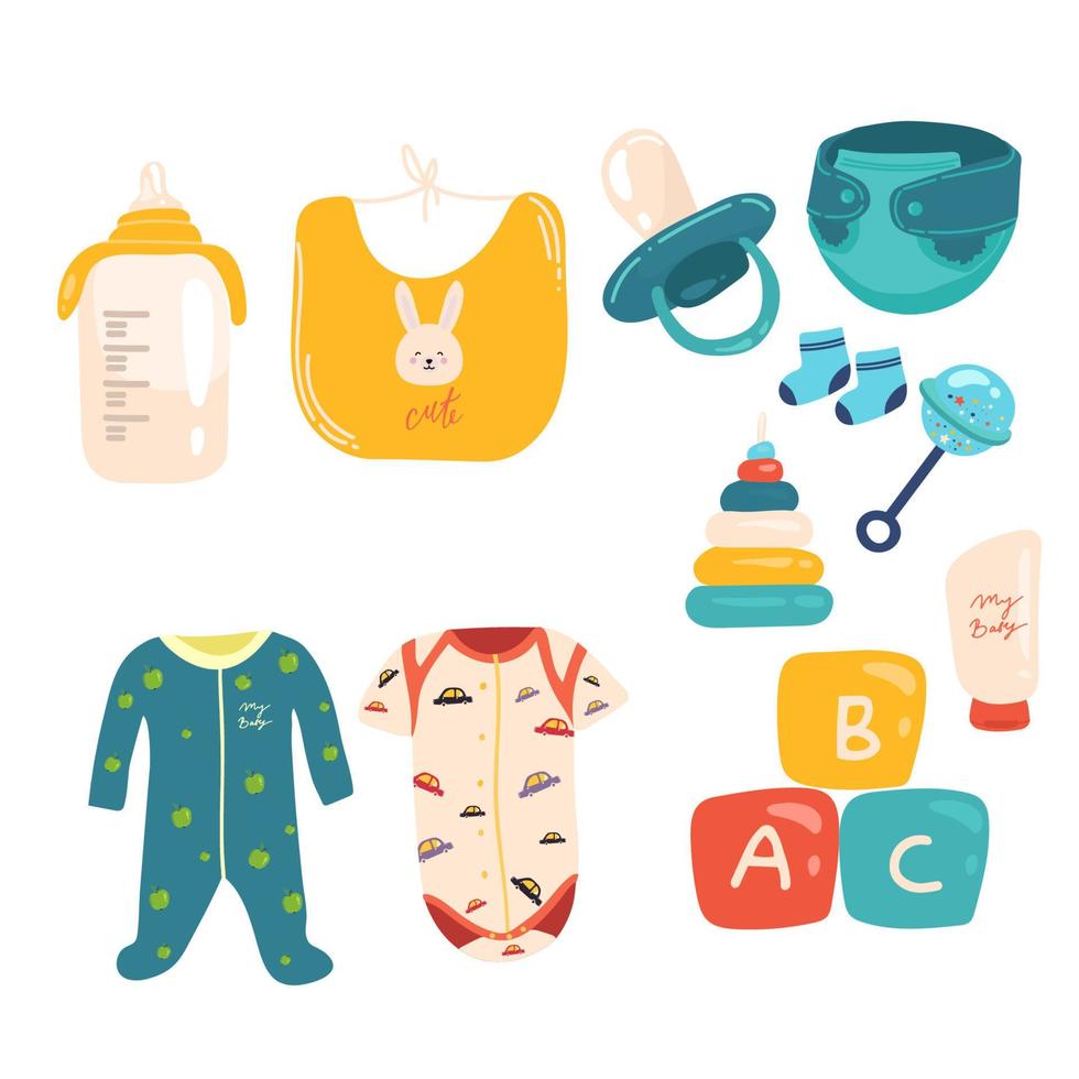 nyfödd hand dragen element uppsättning med bebis Kläder leksaker och objekt för vård isolerat vektor illustration.