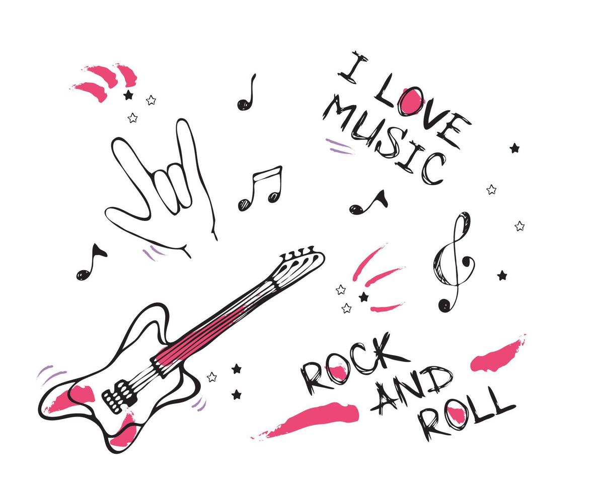 banderoll, affisch med musikalisk anteckningar, gitarr, inskriptioner jag kärlek musik och sten och rulla vektor