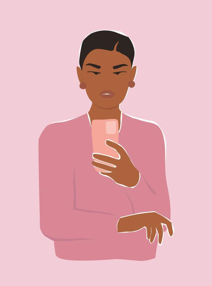 porträtt av en ung flicka med mörk hud med en telefon i henne hand. en kvinna tar en selfie, kommunicerar förbi video. vektor grafik.