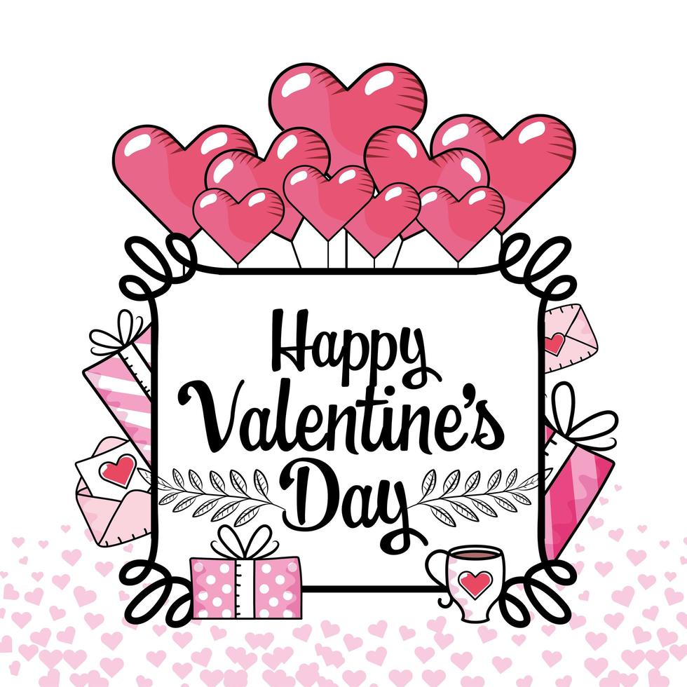 Rahmen mit Herzen, Luftballons und Geschenkbox zum Valentinstag vektor