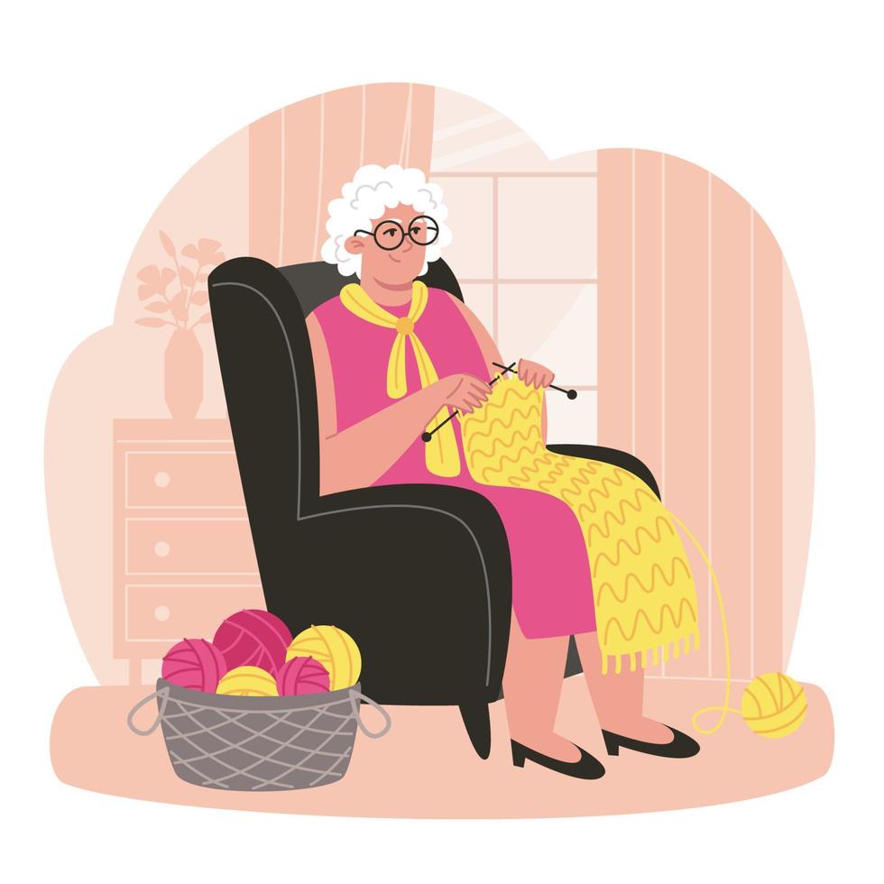 Seniorin sitzt in einem Sessel und strickt einen Schal in einem gemütlichen Raum vektor