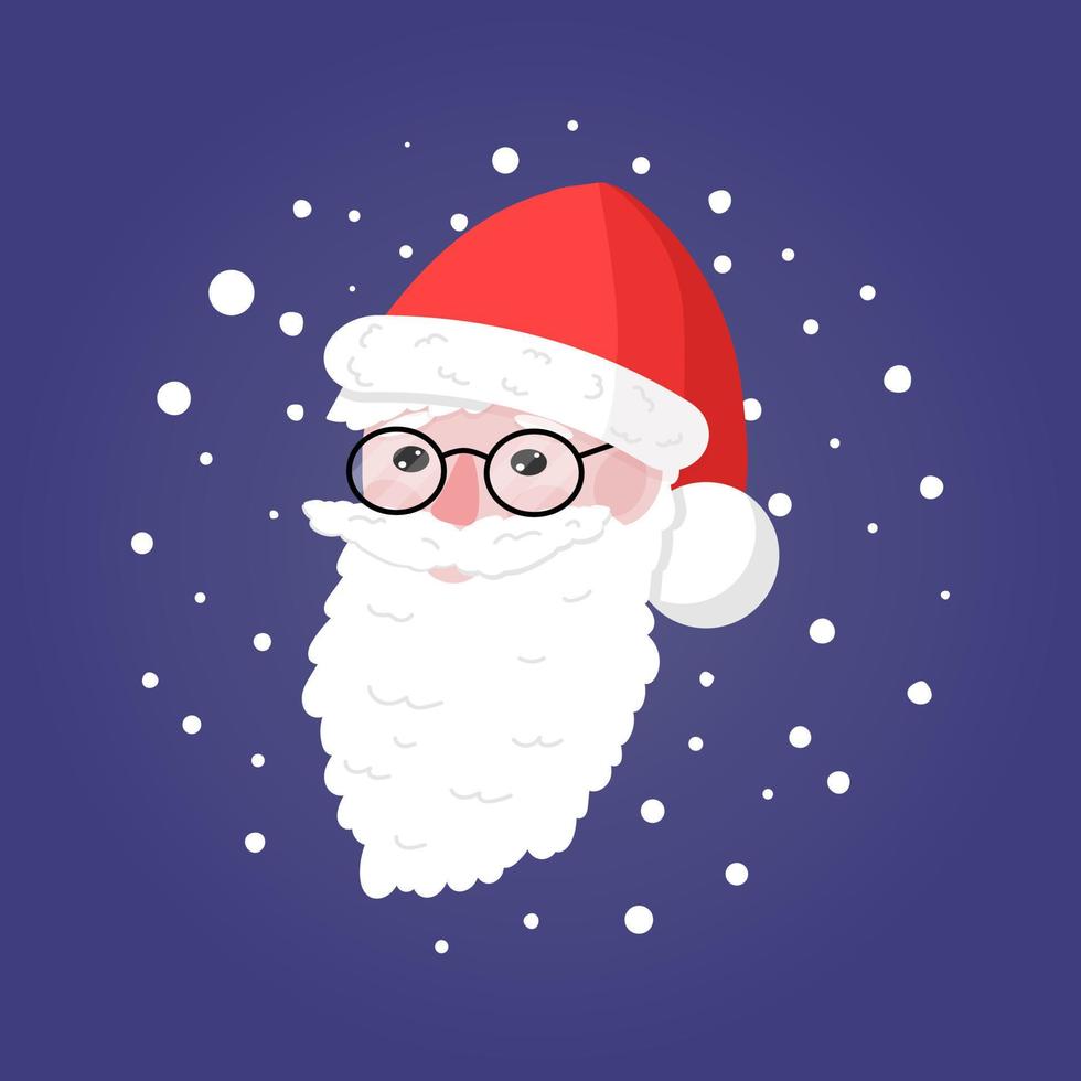 niedlicher weihnachtsmannkopf mit schneeflocken herum auf blauer hintergrundvektorillustration. frohes neues jahr grußgeschenk designvorlage. vektor