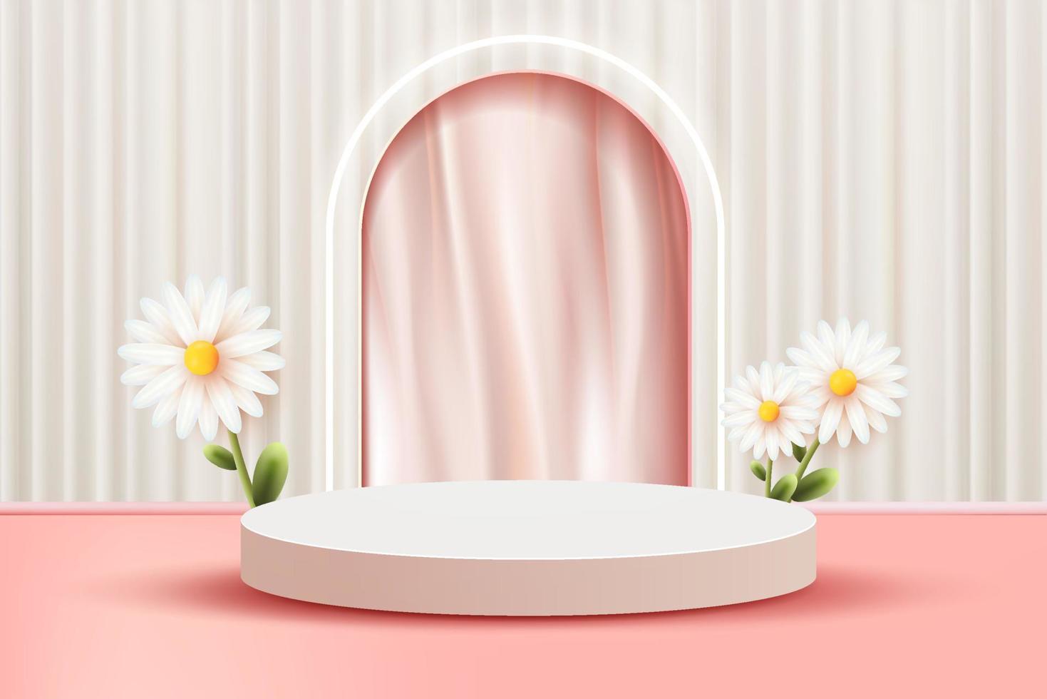 3d abstrakte Szene Hintergrund weißes Podium mit Blumenvorhang Hintergrund Produktpräsentation Mock-up-Show vektor