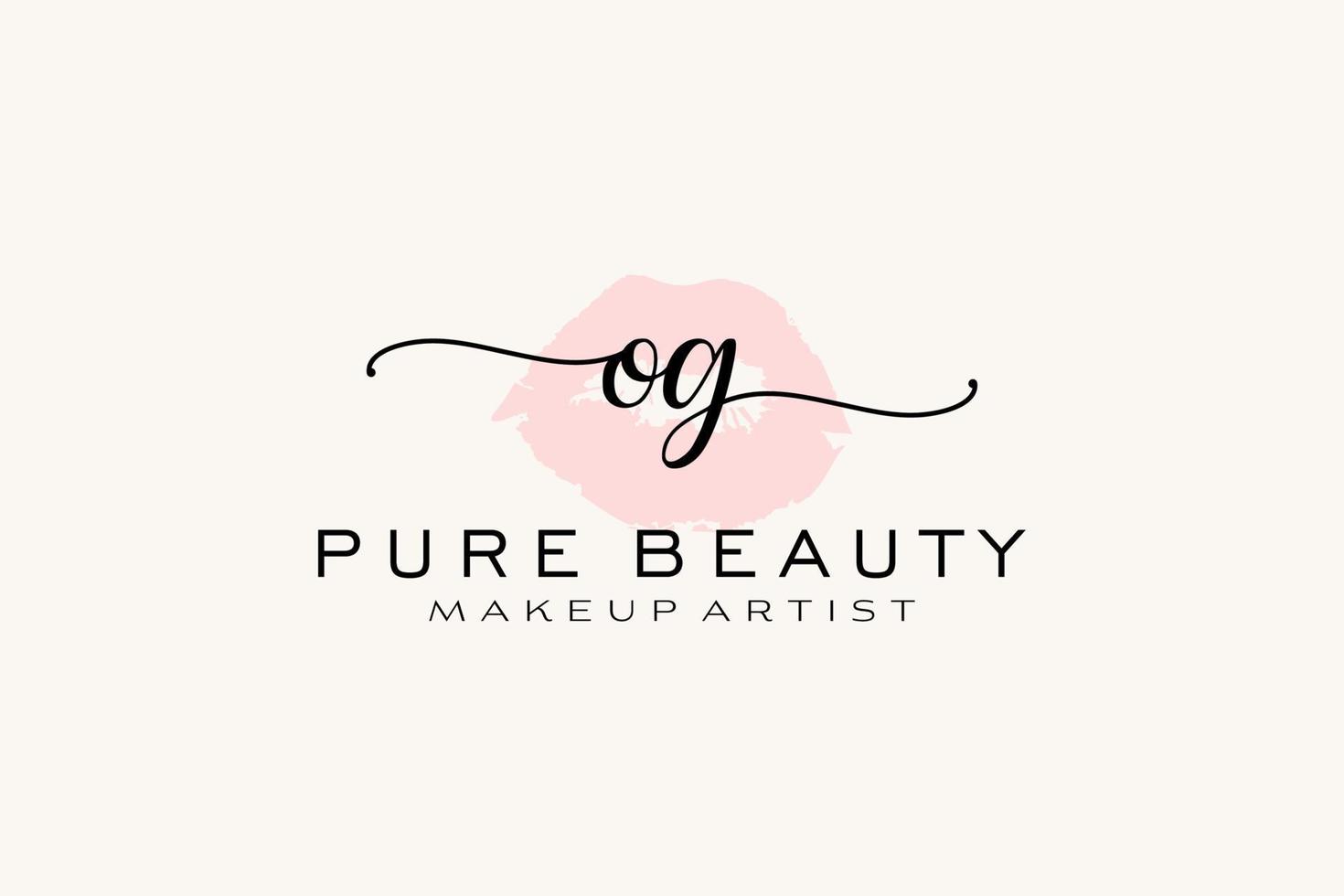 vorgefertigtes Logo-Design mit anfänglichen og Aquarelllippen, Logo für Make-up-Künstler-Business-Branding, errötendes Beauty-Boutique-Logo-Design, Kalligrafie-Logo mit kreativer Vorlage. vektor