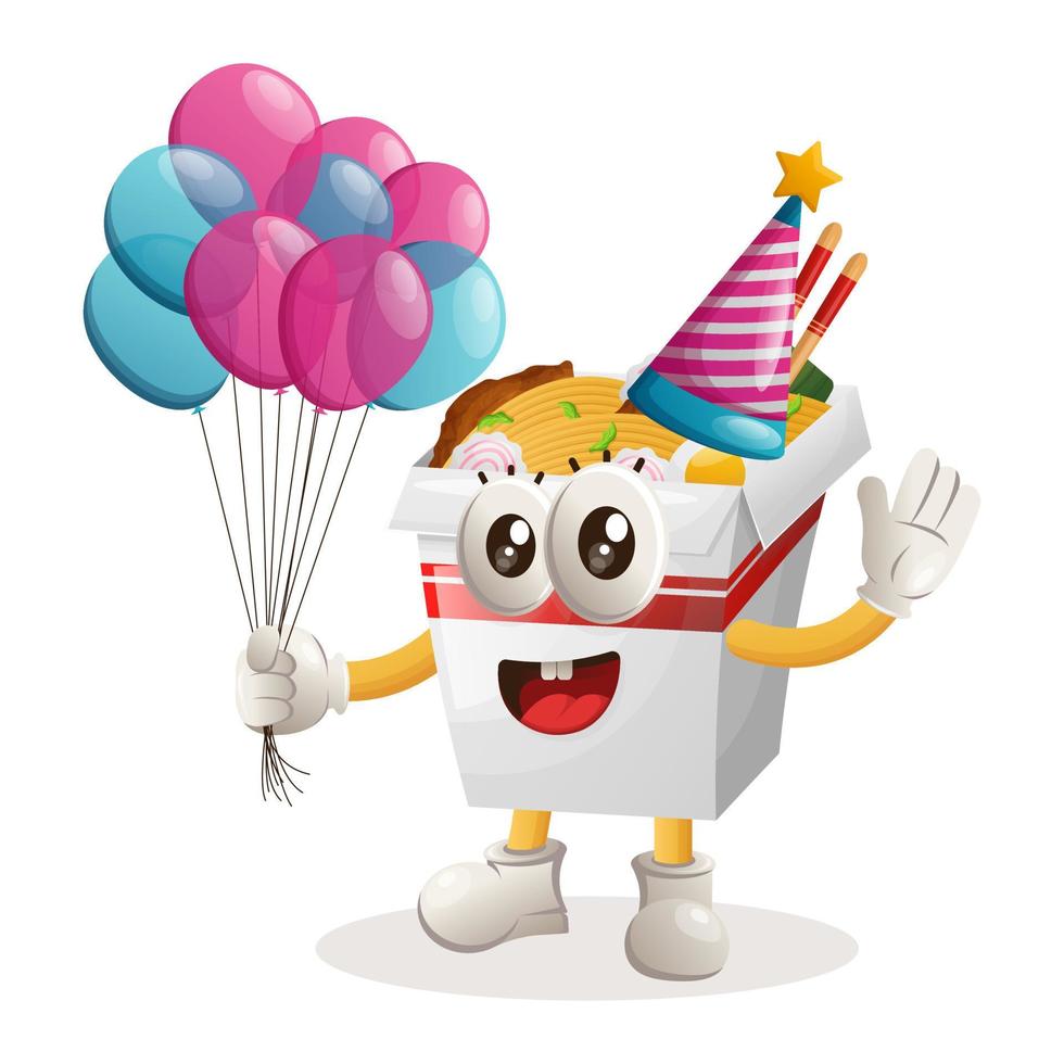 süßes Ramen-Maskottchen mit Geburtstagshut und Luftballons vektor